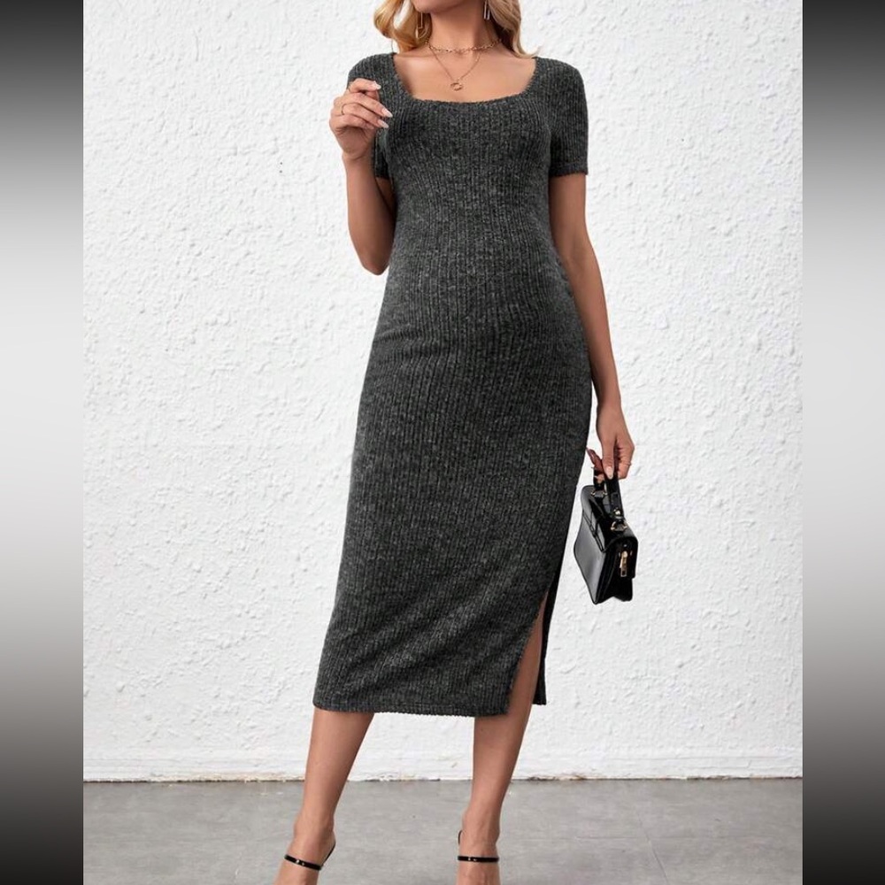 Elegant Dark Gray Ribbed Knit Dress